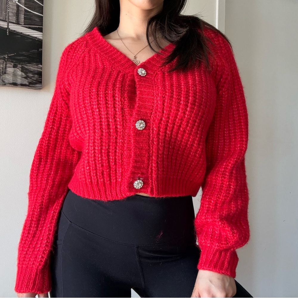 Coquette Red Cropped Cardigan Puffy Sleeves Knit